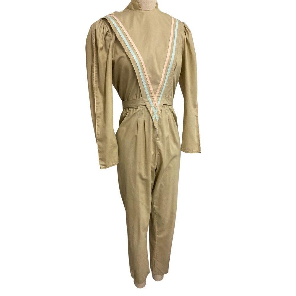 Vintage Eber San Francisco Beige Long Sleeve Jumpsuit With Puff Shoulders & V-Ba